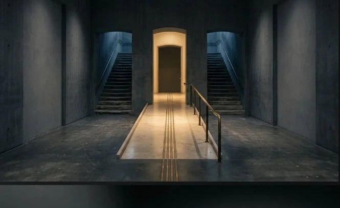A concrete hallway where only one doorway is reachable by a lit accessibility ramp