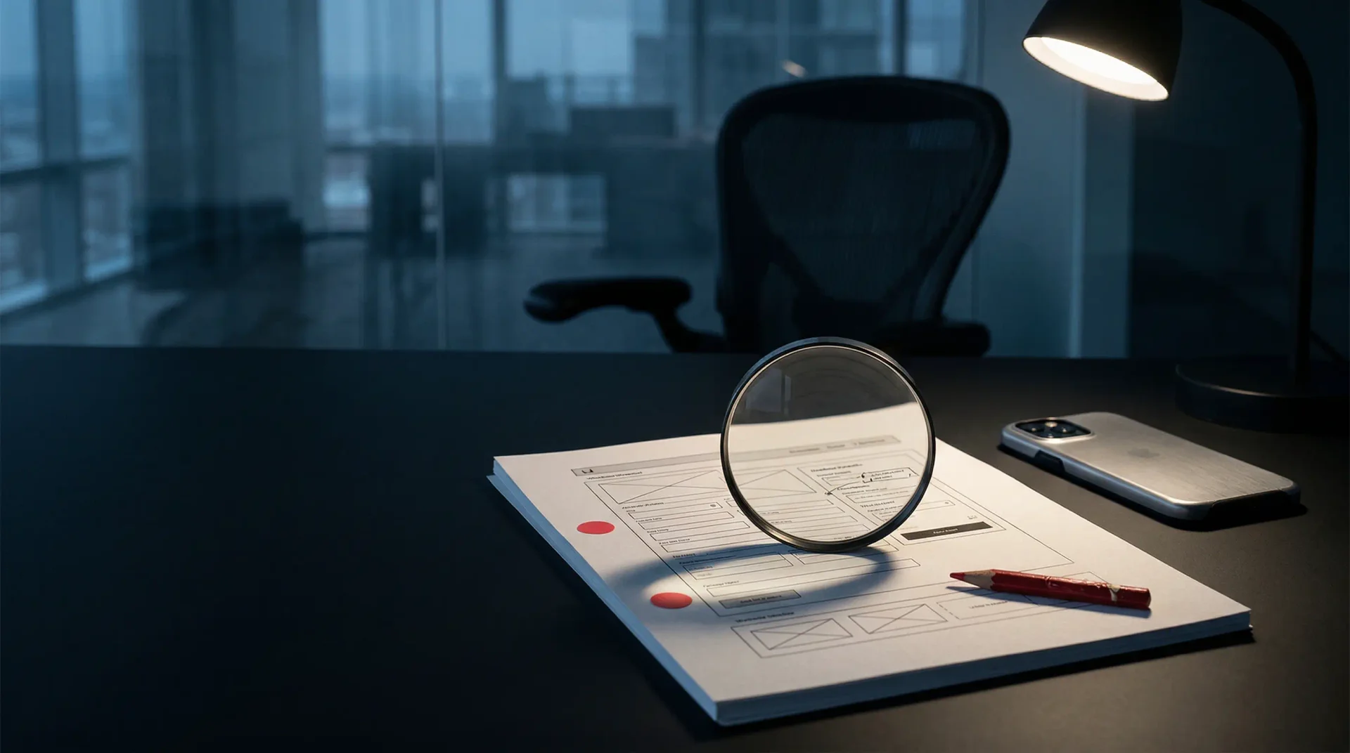 Dark editorial still life of a checkout wireframe under a standing magnifying lens, exposing hidden UX friction