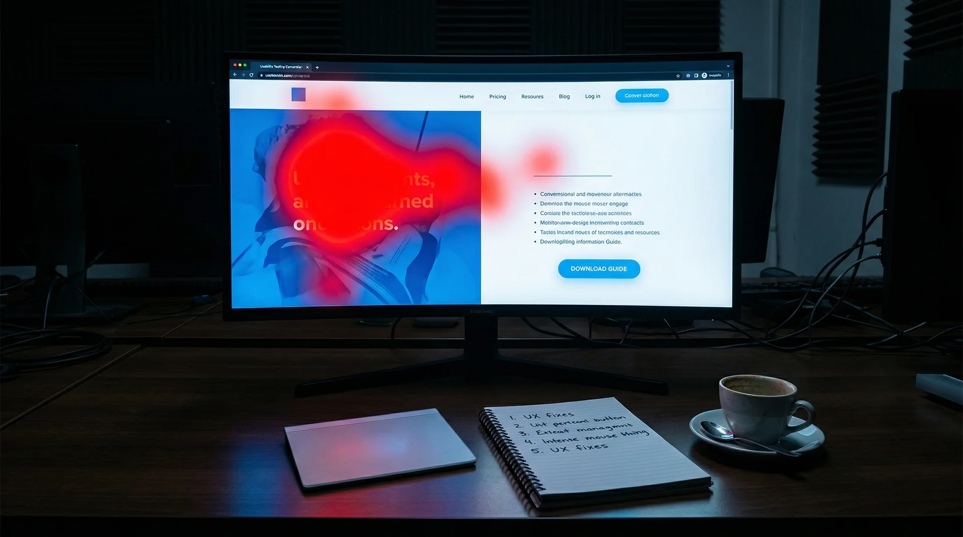 Dark editorial usability-lab scene with a heatmap hotspot swallowing the hero area while the real CTA sits ignored below.