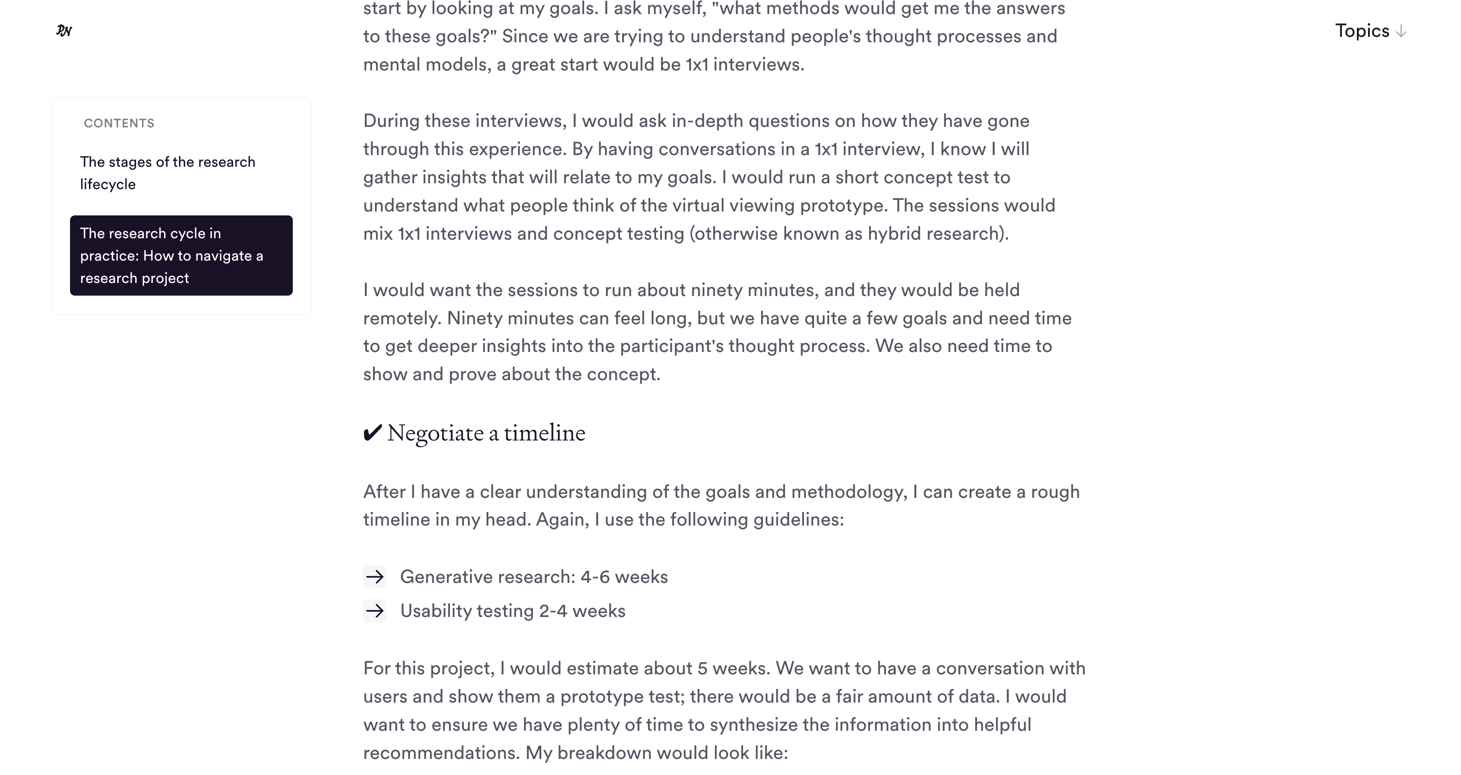 Screenshot of dscout guidance listing usability testing as a two-to-four-week research activity