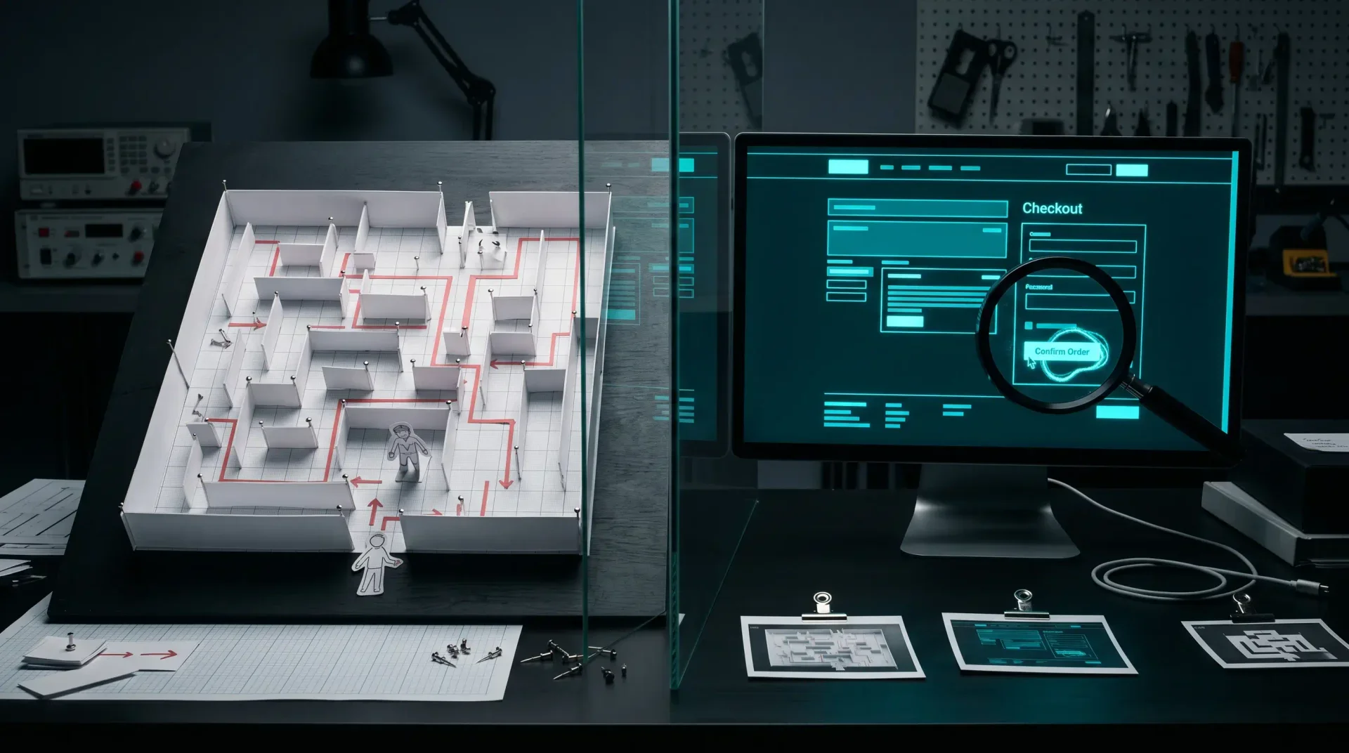 A dark lab bench split between a paper prototype maze and a live checkout screen under a cyan diagnostic lens.
