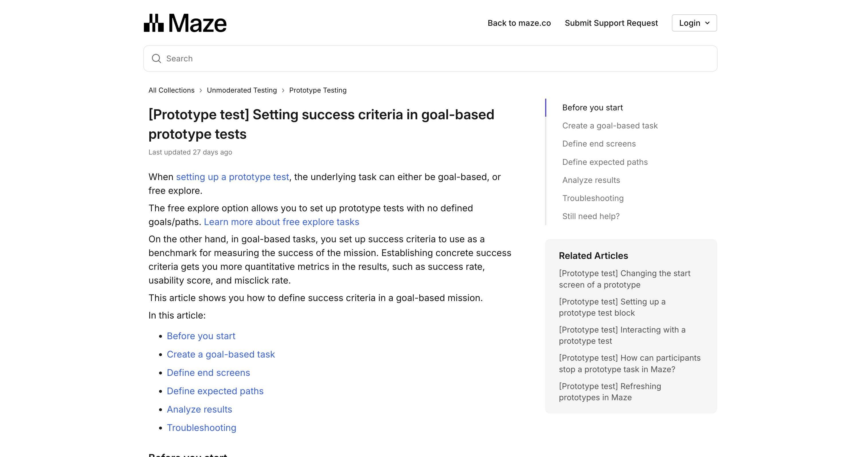 Screenshot of Maze documentation explaining goal-based prototype success criteria