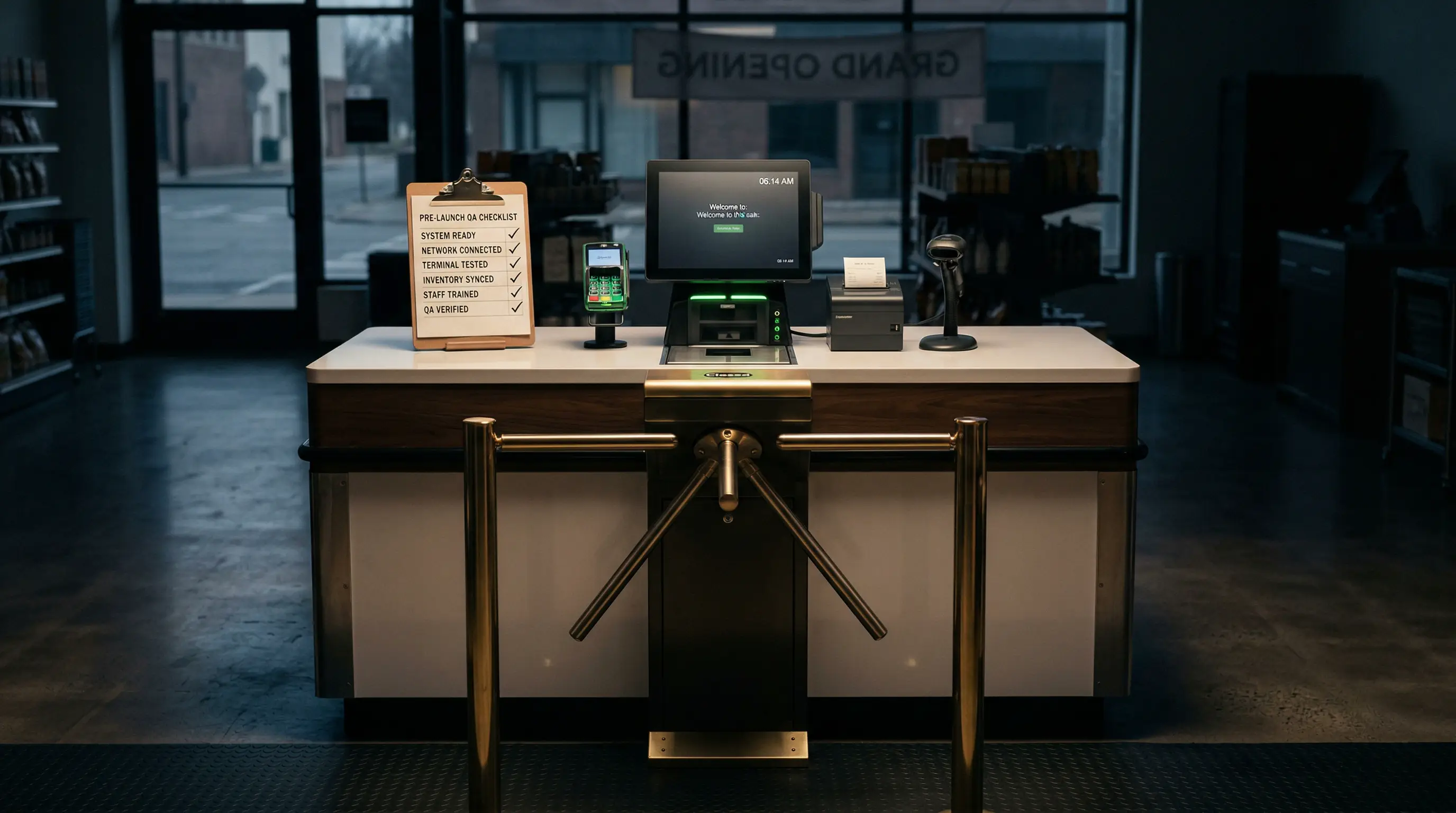 A pristine checkout lane with every QA box checked, blocked by a locked brass turnstile