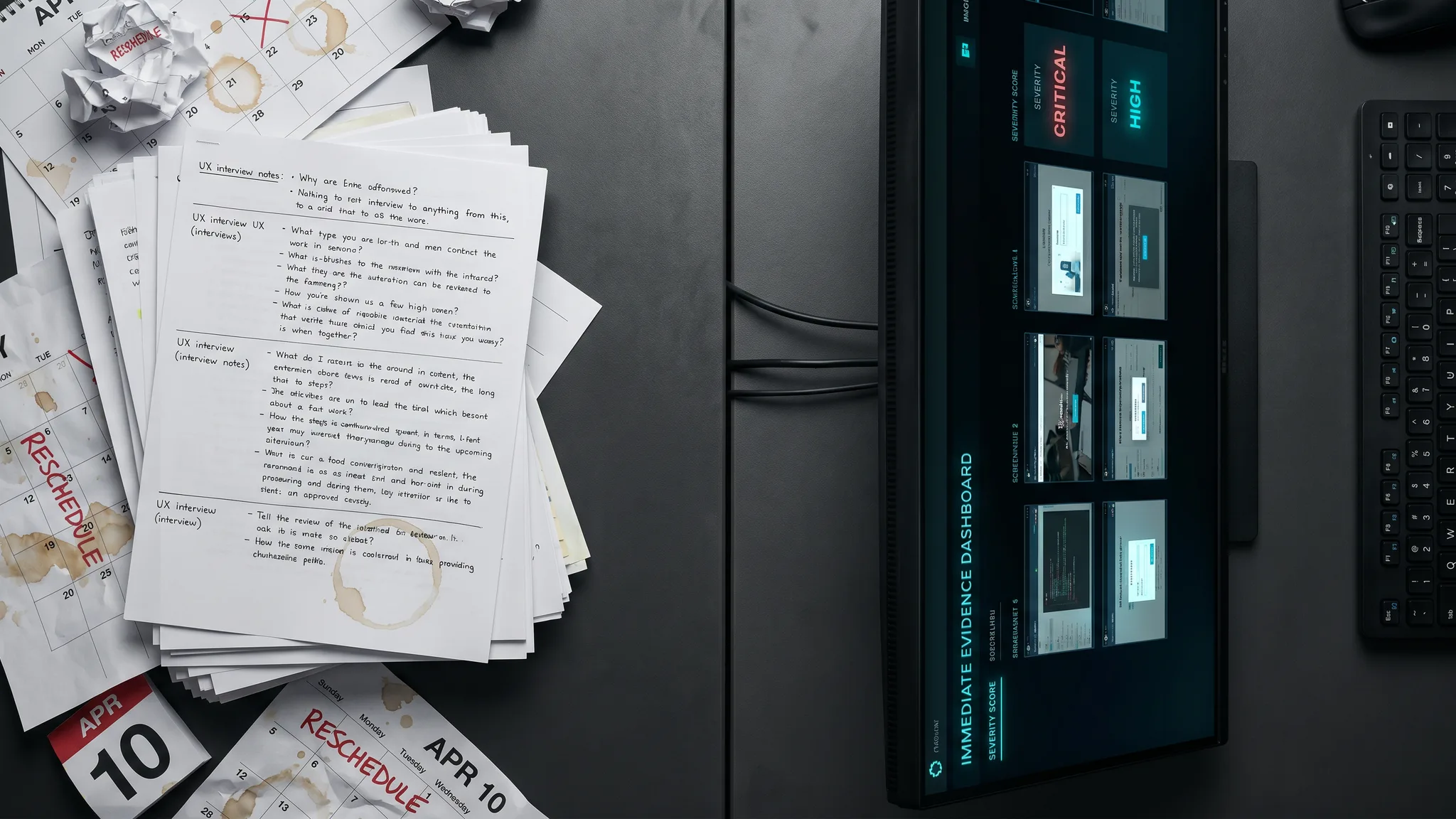 A split desk: printed UX interview notes on one side, a dark cyan severity report on the other.