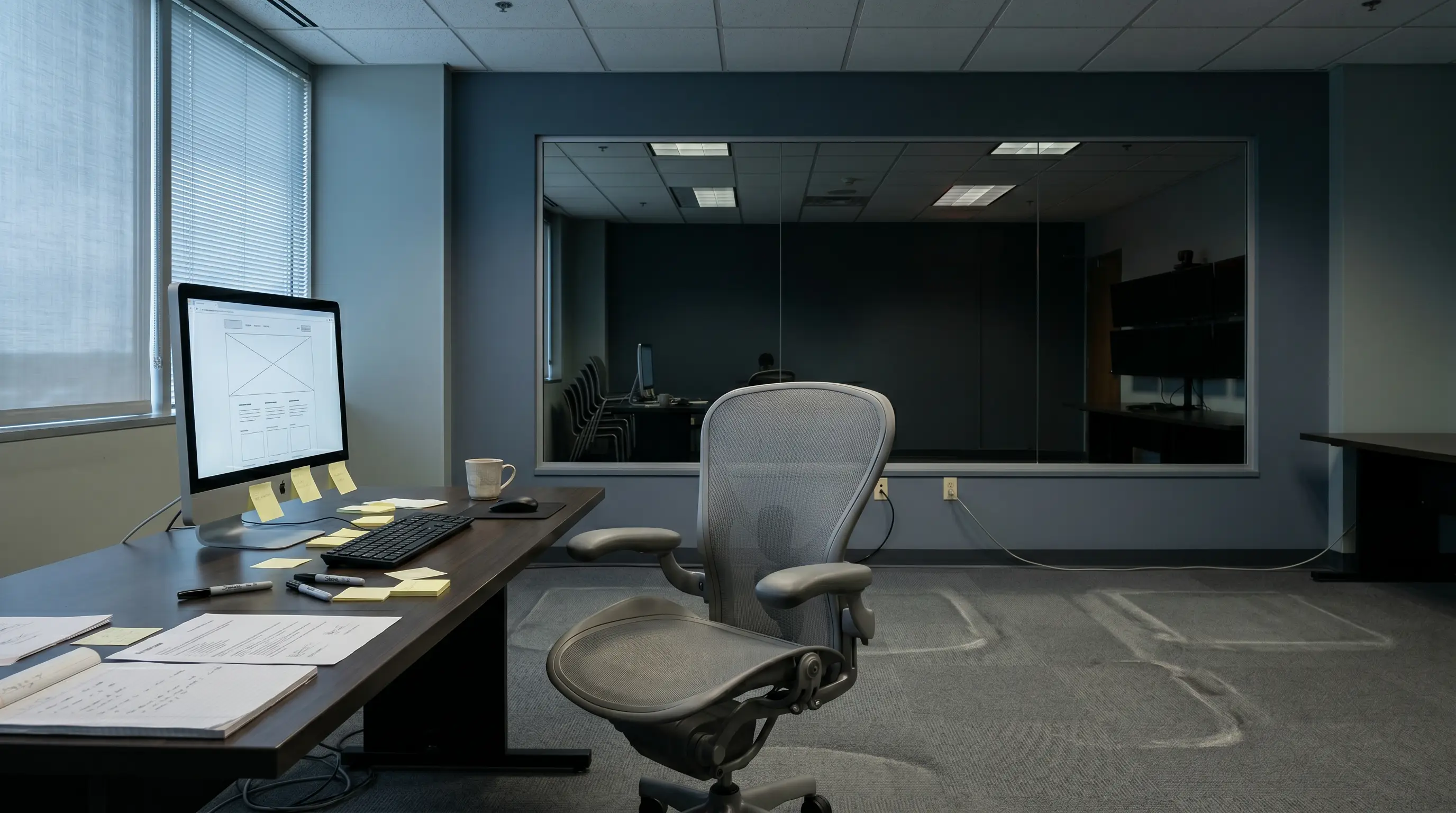A quiet usability testing room with one chair facing a mirrored observation window, sticky notes and interview materials left on the table