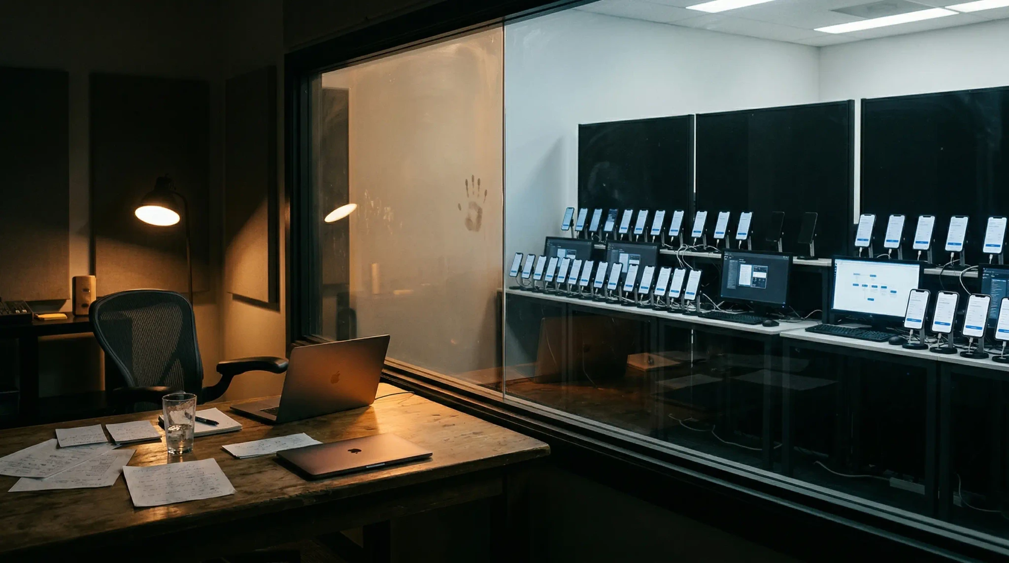 A dim usability observation desk faces a glass wall into a bright bank of repeated test screens, visualizing manual human insight versus AI coverage.