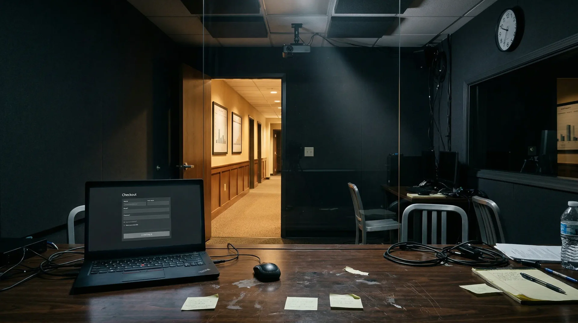 A dark analytics war room where a blurred session replay and abandonment heatmap reveal the exact moment users lose trust and leave